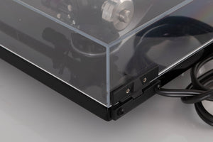 Rear left corner view of a used Rega RP6 Turntable in Black with Dynavector DV-10 X5 Cartridge