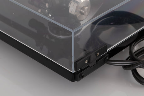 Rear left corner view of a used Rega RP6 Turntable in Black with Dynavector DV-10 X5 Cartridge