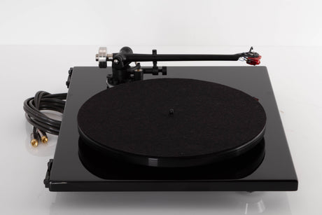 Side view of a used Rega RP6 Turntable in Black with Dynavector DV-10 X5 Cartridge