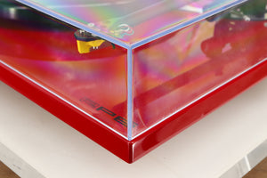 Front right corner view of a used Rega RP6 Turntable in Red finish with Exact Cartridge