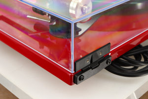 Rear left corner view of a used Rega RP6 Turntable in Red finish with Exact Cartridge