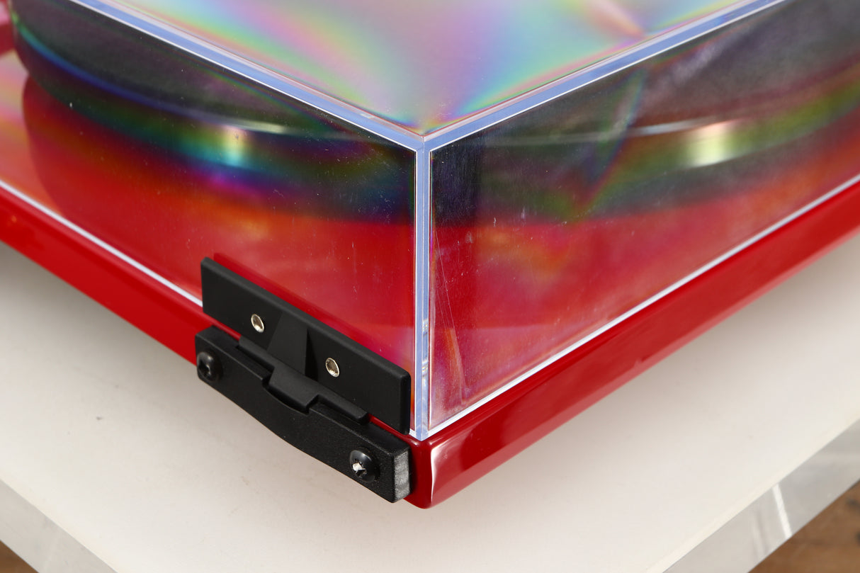 Rear right corner view of a used Rega RP6 Turntable in Red finish with Exact Cartridge