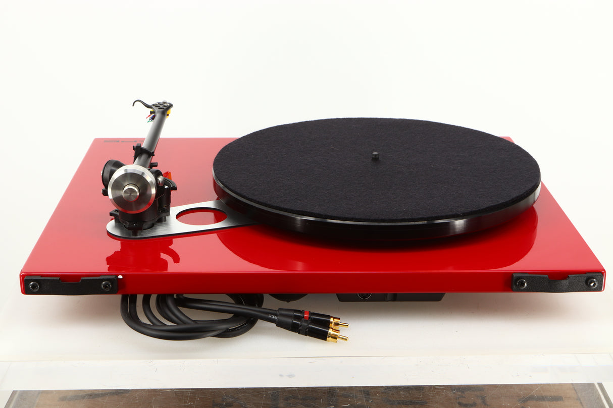 Rear view of a used Rega RP6 Turntable in Red finish with Exact Cartridge