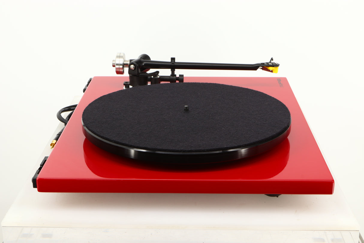 Side view of a used Rega RP6 Turntable in Red finish with Exact Cartridge