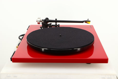 Side view of a used Rega RP6 Turntable in Red finish with Exact Cartridge