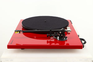 Side view of a used Rega RP6 Turntable in Red finish with Exact Cartridge