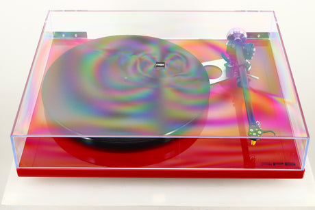 Top view of a used Rega RP6 Turntable in Red finish with Exact Cartridge