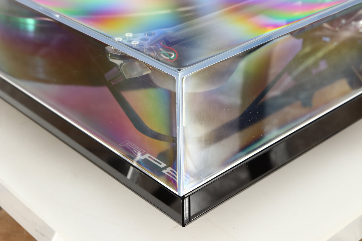 Front right corner of a used Rega RP8 Turntable / Apheta 2 MC Cartridge in a black finish
