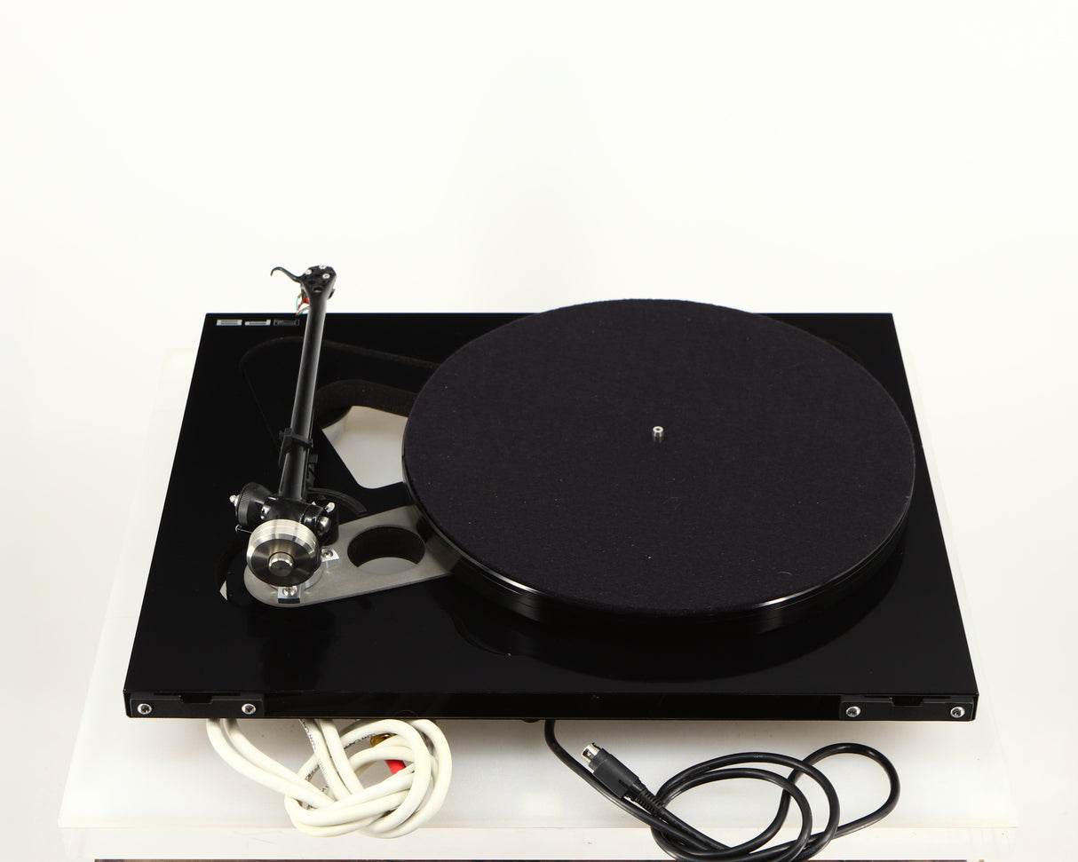 Rear view of a used Rega RP8 Turntable / Apheta 2 MC Cartridge in a black finish