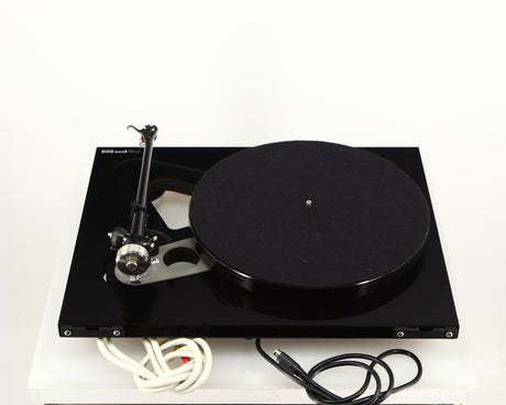 Rear view of a used Rega RP8 Turntable / Apheta 2 MC Cartridge in a black finish