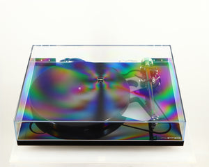 Top view of a used Rega RP8 Turntable / Apheta 2 MC Cartridge in a black finish showing Lid
