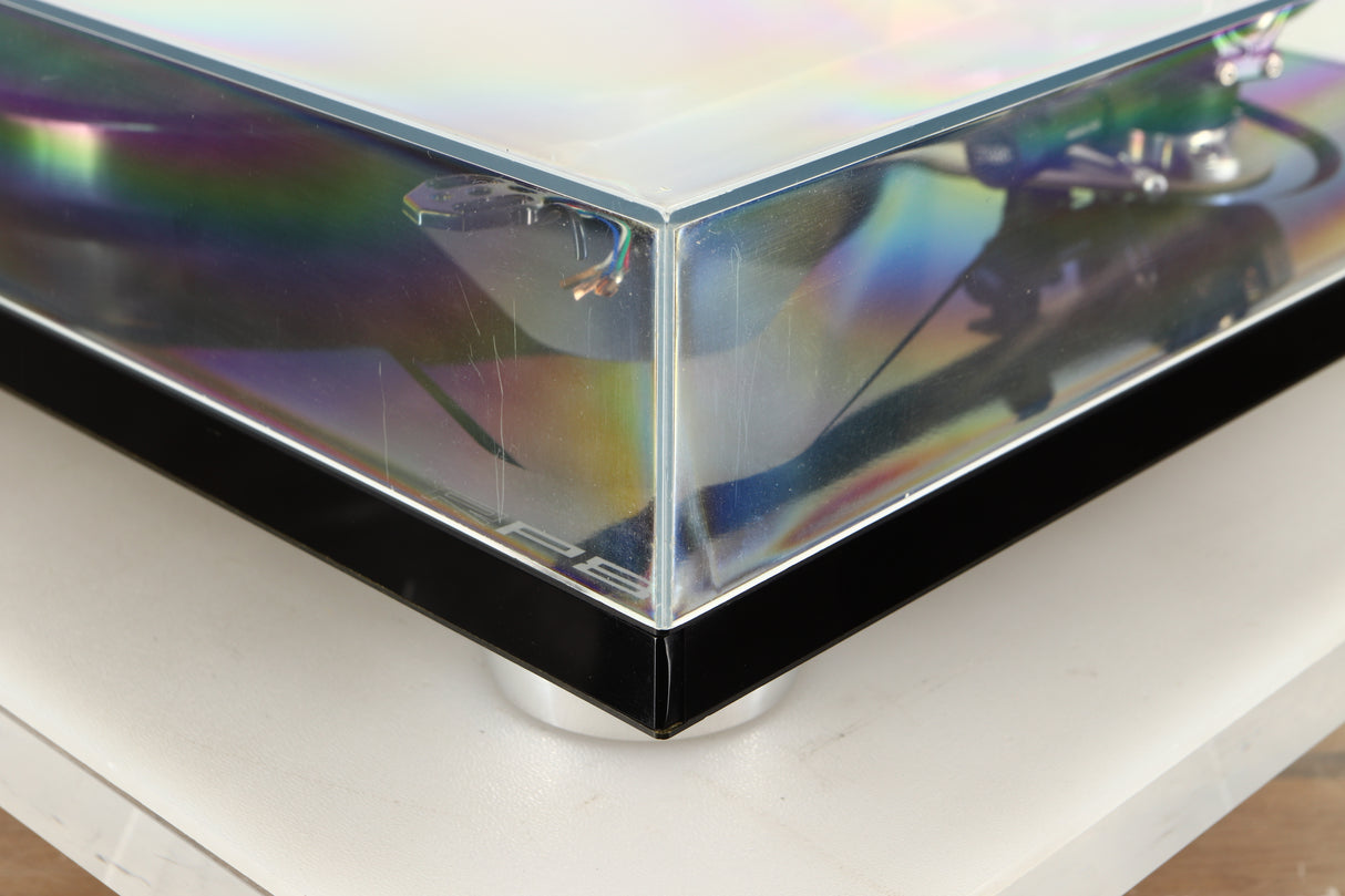 Front right corner view of a used Rega RP8 Turntable in Black finish