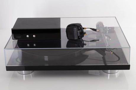 Front view of a used Rega RP8 Turntable in Gloss Black finish with TTPSU, and mains cable