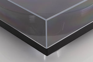 Front left corner view of a used Rega RP8 Turntable in Gloss Black finish