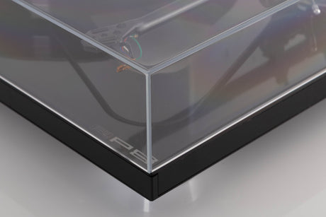 Front right corner view of a used Rega RP8 Turntable in Gloss Black finish