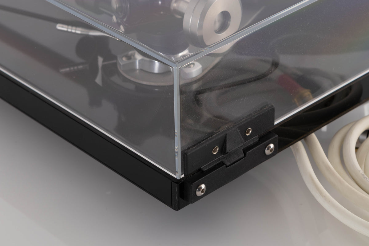 Rear left corner view of a used Rega RP8 Turntable in Gloss Black finish
