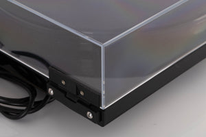 Rear right corner view of a used Rega RP8 Turntable in Gloss Black finish