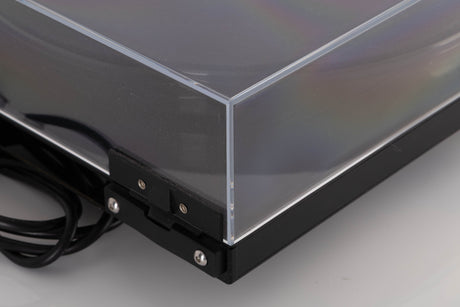 Rear right corner view of a used Rega RP8 Turntable in Gloss Black finish