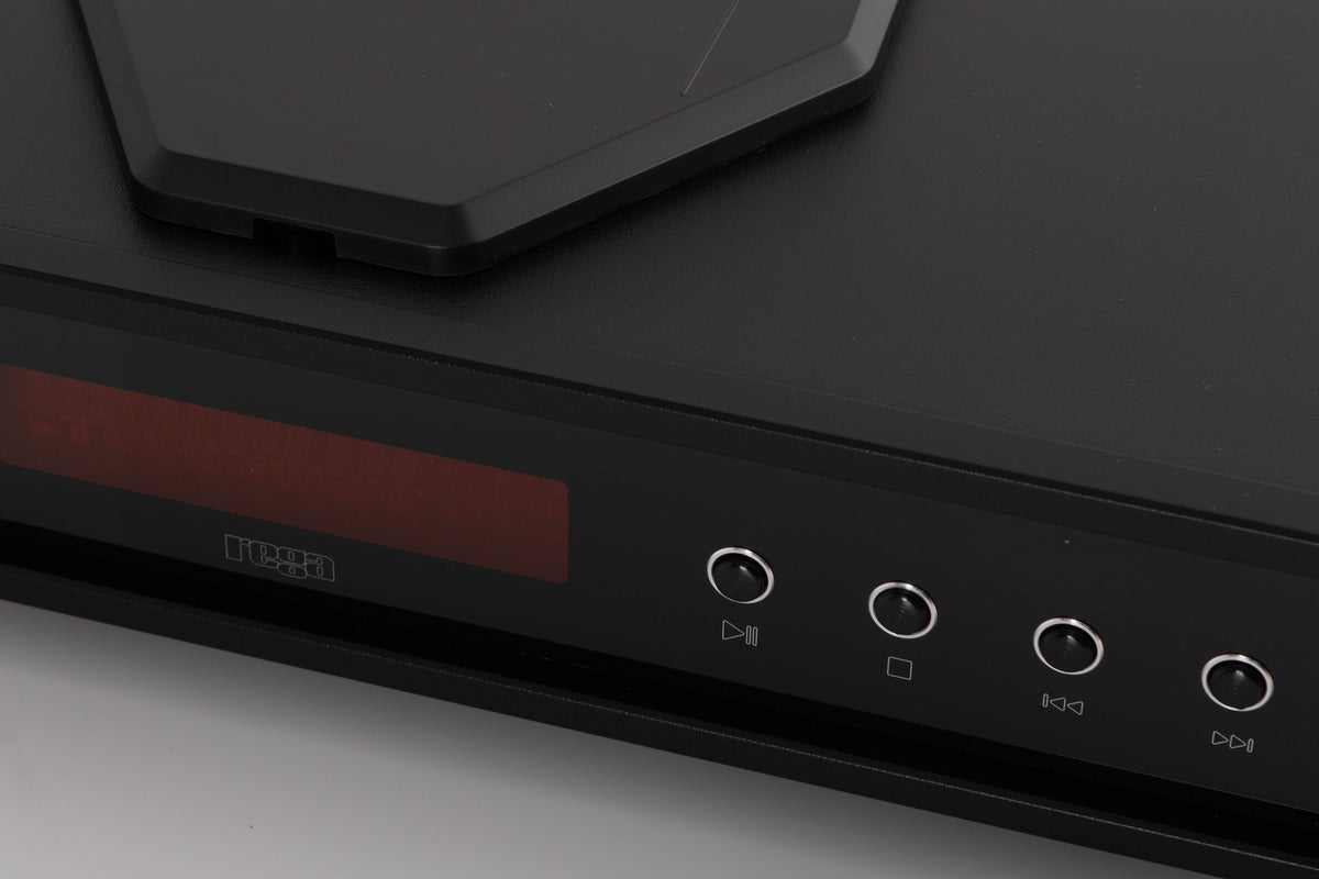 Close up of a used Rega Saturn MK3 CD Player in a Black finish showing scratching on screen