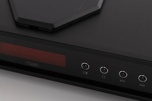 Close up of a used Rega Saturn MK3 CD Player in a Black finish showing scratching on screen