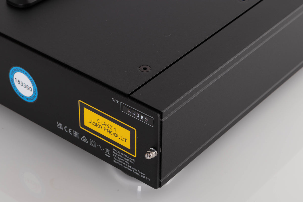 Rear left corner of a used Rega Saturn MK3 CD Player in a Black finish