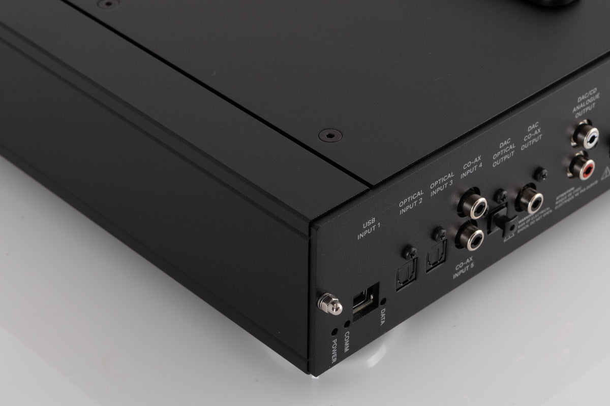 Rear right corner of a used Rega Saturn MK3 CD Player in a Black finish