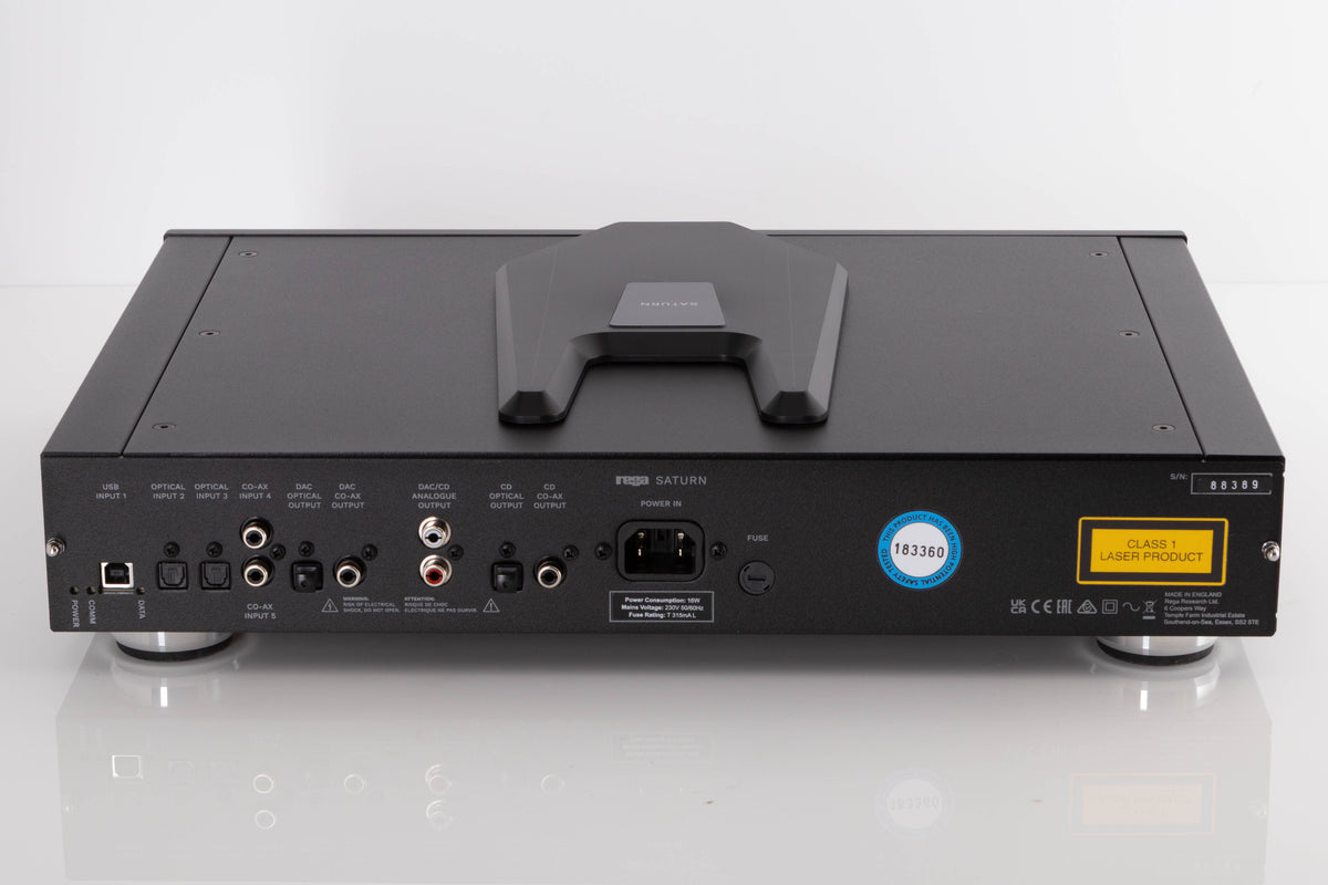 Rear view of a used Rega Saturn MK3 CD Player in a Black finish showing Mains Input, USB Input, Optical Inputs, Coaxial Input, Coaxial Output, Optical Output and Analogue Outputs