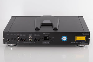 Rear view of a used Rega Saturn MK3 CD Player in a Black finish showing Mains Input, USB Input, Optical Inputs, Coaxial Input, Coaxial Output, Optical Output and Analogue Outputs