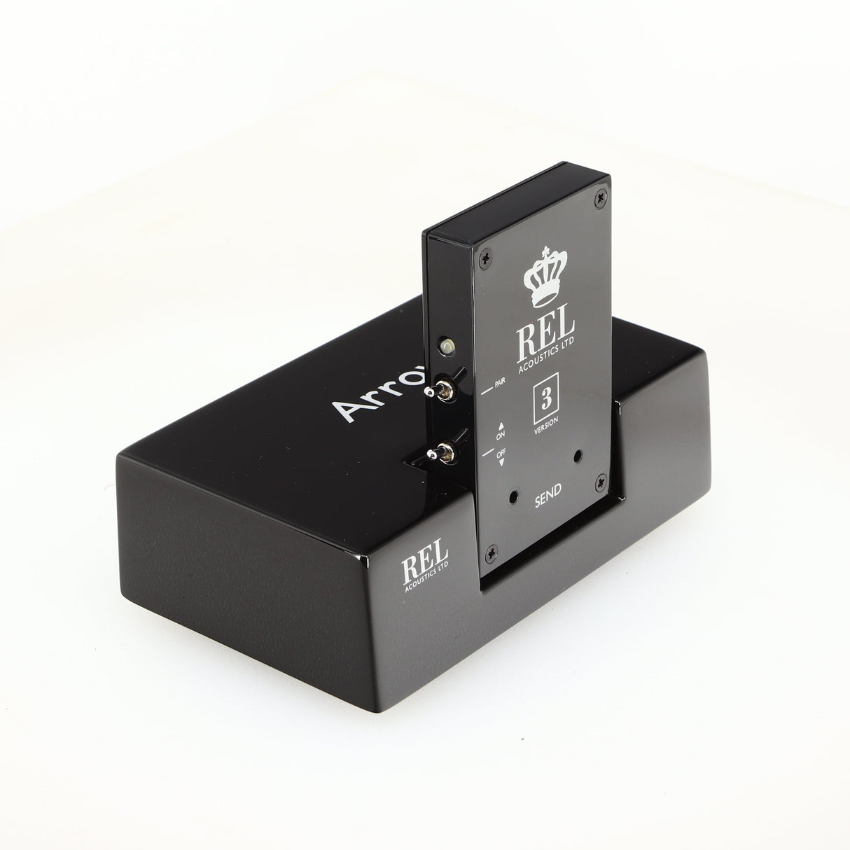 Front left corner of a used REL Arrow V3 Wireless Subwoofer Transmitter in a black finish