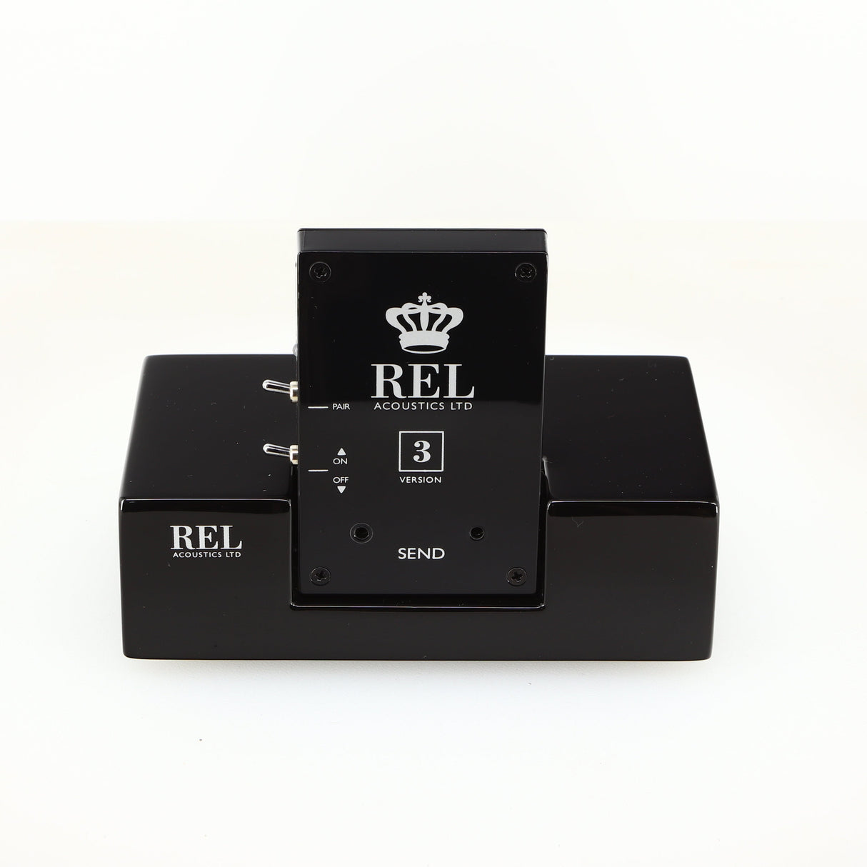 Front view of a used REL Arrow V3 Wireless Subwoofer Transmitter in a black finish