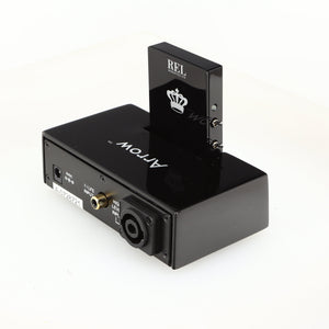 Rear left corner of a used REL Arrow V3 Wireless Subwoofer Transmitter in a black finish