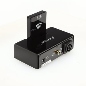 Rear right corner of a used REL Arrow V3 Wireless Subwoofer Transmitter in a black finish