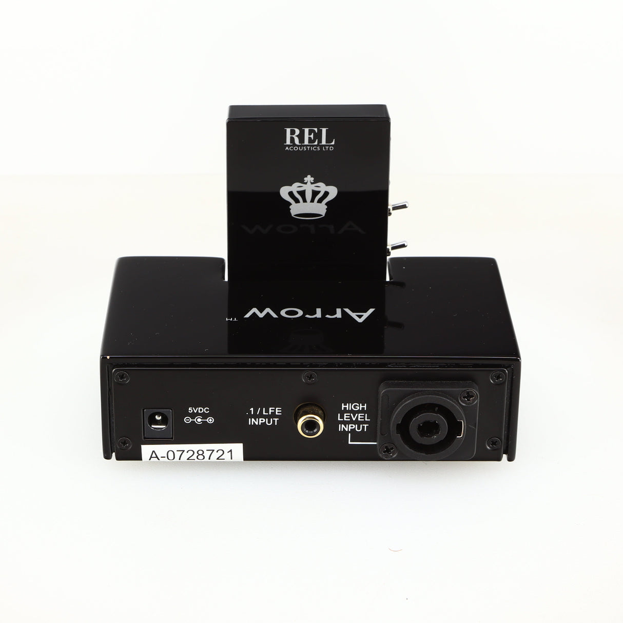 Rear view of a used REL Arrow V3 Wireless Subwoofer Transmitter in a black finish showing Phono Input, Power Input and Hi-Level Input