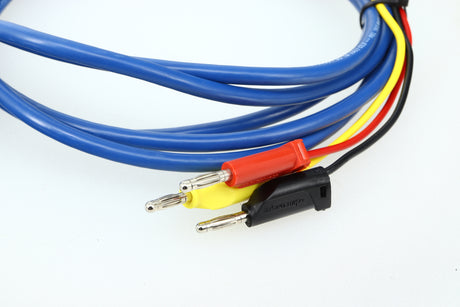 Close up of a used REL Baseline Blue 3.0m Subwoofer Cable showing the connectors