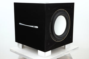 Front left corner view of a used REL S/3 SHO Subwoofer in Piano Black finish 