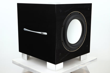 Front left corner view of a used REL S/3 SHO Subwoofer in Piano Black finish 