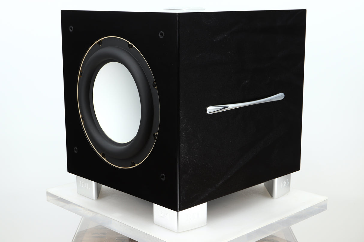 Front right corner view of a used REL S/3 SHO Subwoofer in Piano Black finish 