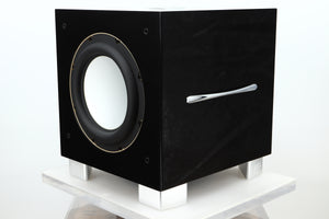 Front right corner view of a used REL S/3 SHO Subwoofer in Piano Black finish 