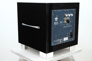 Rear left corner view of a used REL S/3 SHO Subwoofer in Piano Black finish 