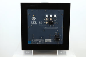 Rear view of a used REL S/3 SHO Subwoofer in Piano Black finish 