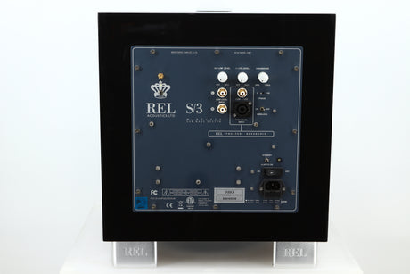 Rear view of a used REL S/3 SHO Subwoofer in Piano Black finish 
