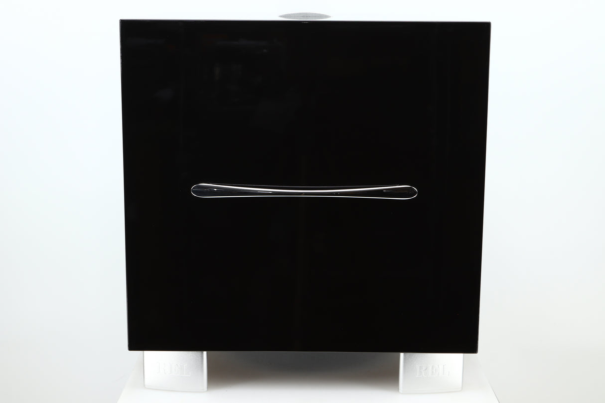 Side view of a used REL S/3 SHO Subwoofer in Piano Black finish 