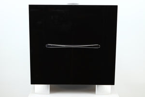 Side view of a used REL S/3 SHO Subwoofer in Piano Black finish 
