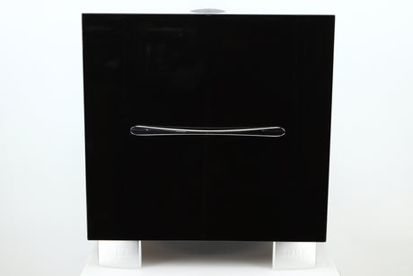 Side view of a used REL S/3 SHO Subwoofer in Piano Black finish 