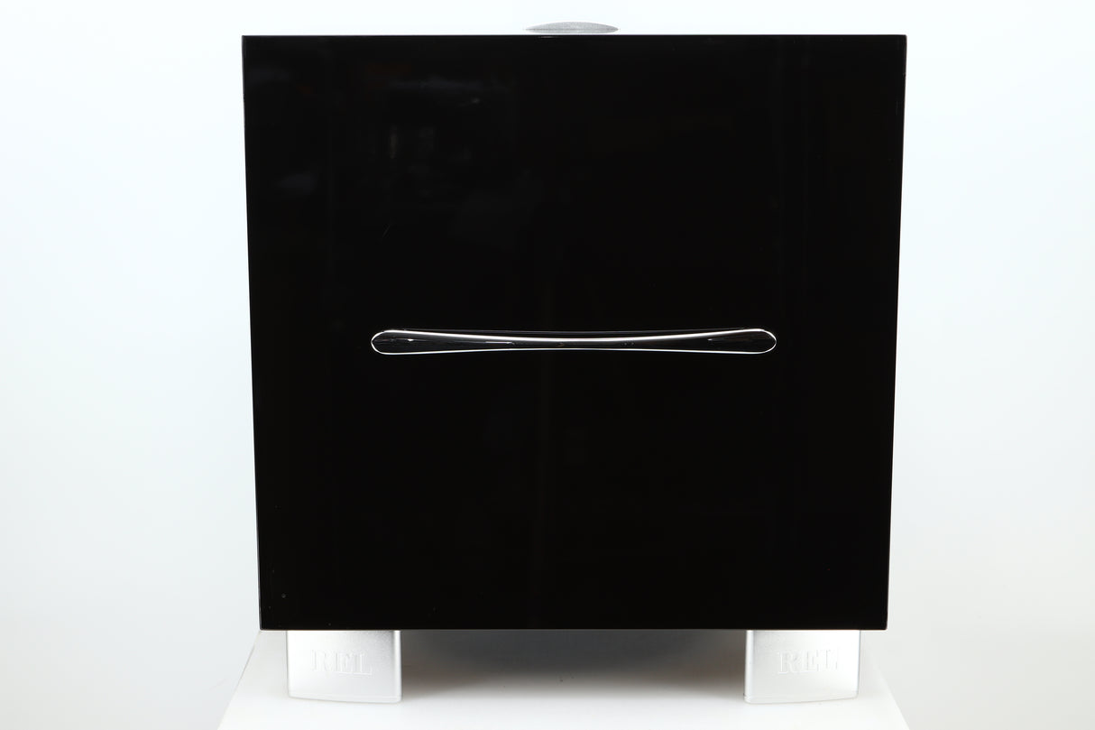 Side view of a used REL S/3 SHO Subwoofer in Piano Black finish 