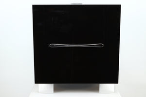 Side view of a used REL S/3 SHO Subwoofer in Piano Black finish 