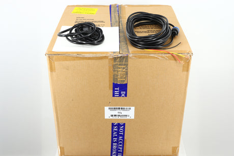 Box for a used REL T-7X Subwoofer in a piano black finish showing Manual, Mains Cable and Hi-Level Cable
