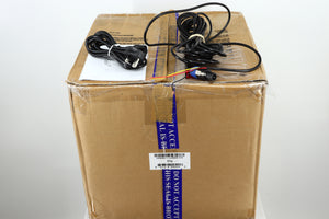 Box for a used REL T-7X Subwoofer in a piano black finish showing Manual, Hi-Level Cable and Mains Cable