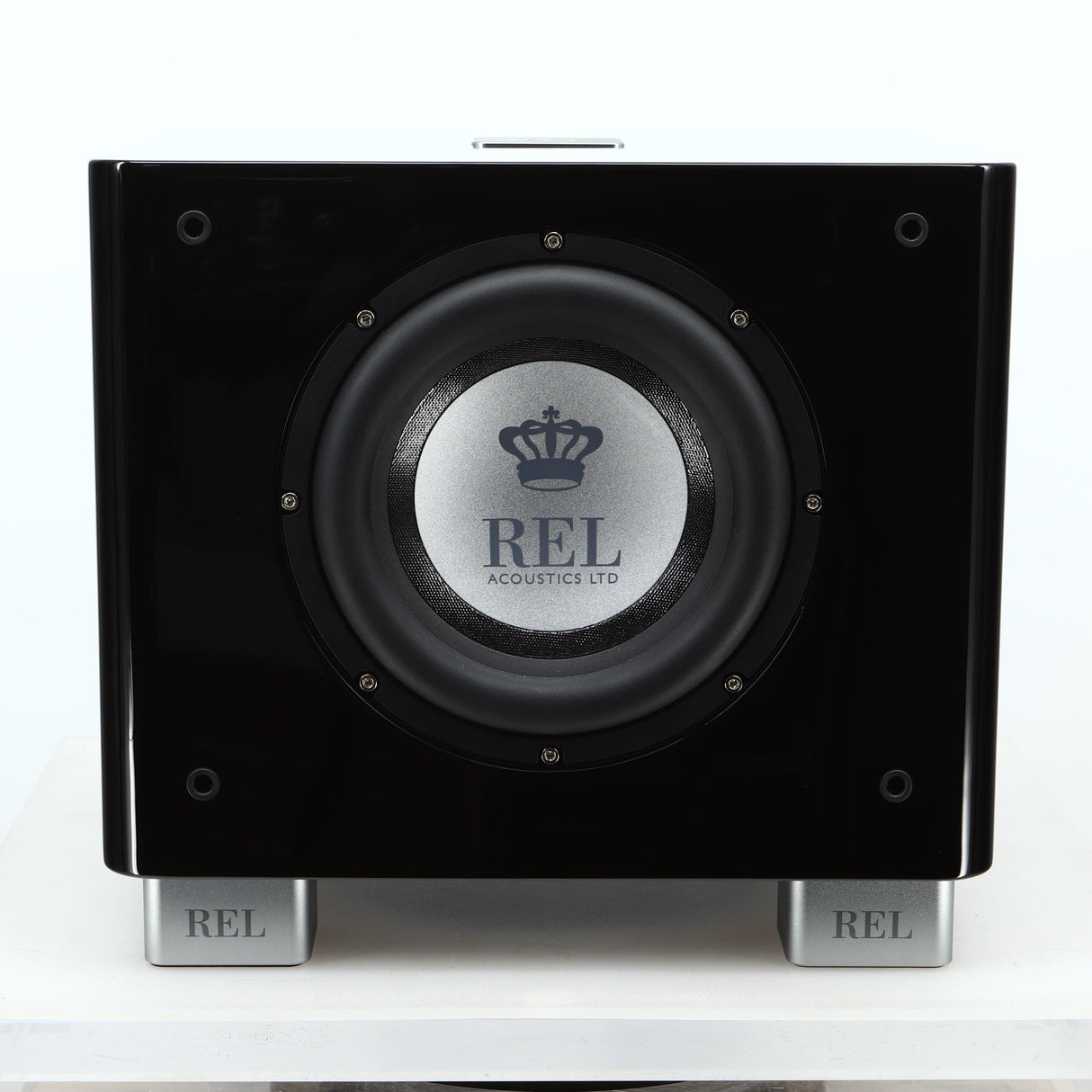 Front view of a used REL T-7X Subwoofer in a piano black finish