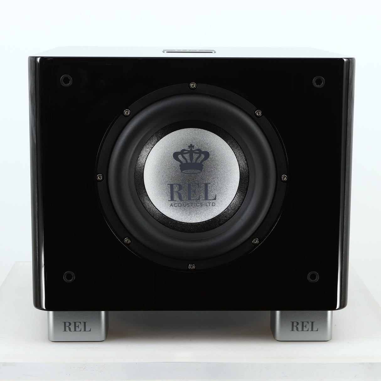 Front view of a used REL T-7X Subwoofer in a piano black finish 